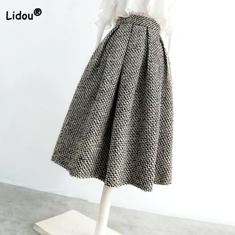 Dames Mode Vintage Hoge Taille Tweed Geplooide Rok Herfst Winter Nieuwe A-Lijn Dikke Midi Rokken Temperament Dameskleding