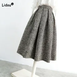 Saia plissada de Tweed de cintura alta feminina, saia Midi grossa linha A, moda feminina, vintage, temperamento, outono, inverno, novo