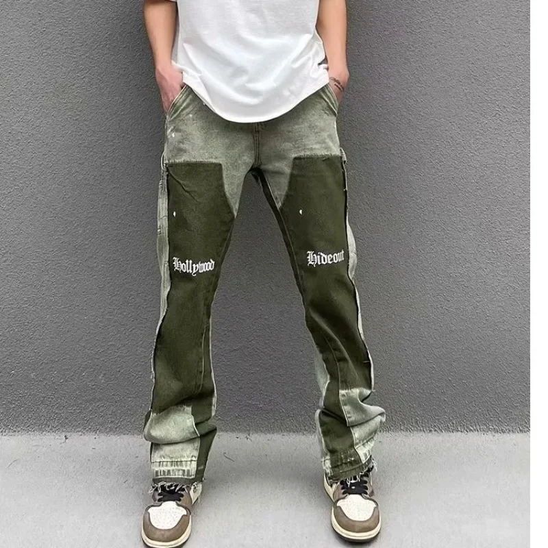 Harajuku Jeans Men's Japanese High Street Color Block Overalls Men's Color Block Letter Washed Jeans Fashion Y2K Casual Trousers