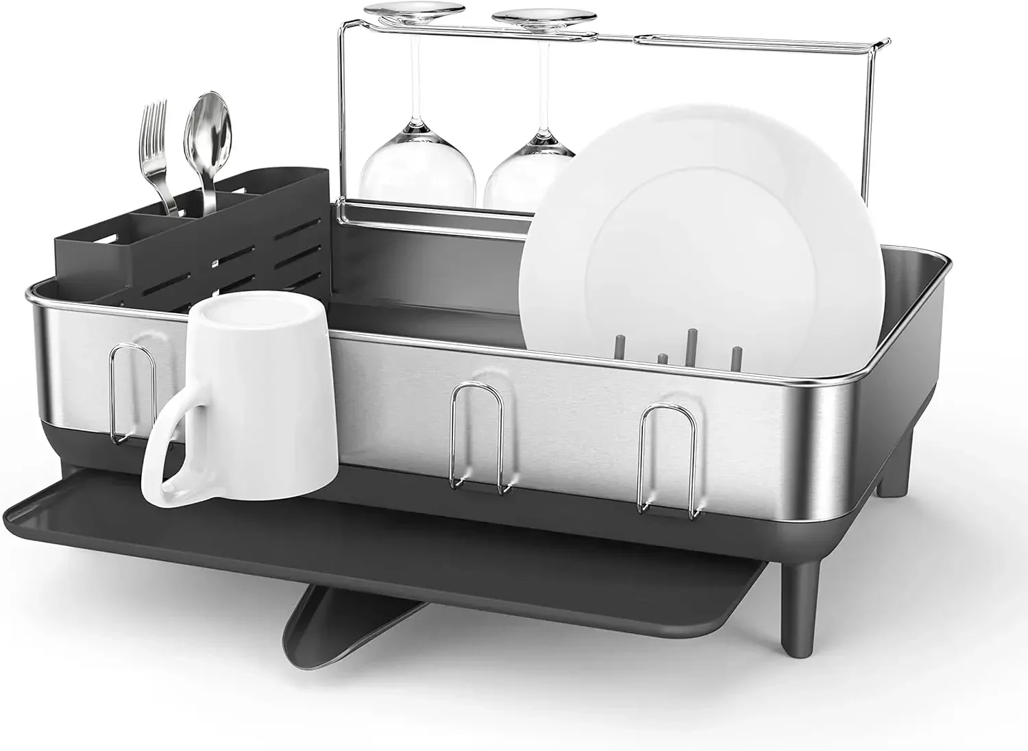 Kitchen Dish Drying Rack with Swivel Spout, Fingerprint-Proof Stainless Steel Frame, Grey Plastic