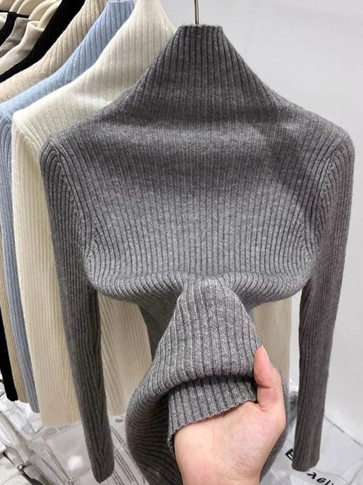 

Gray High Collar Knitted Sweater Women's Inner Wear Top Fashionable Autumn Winter Base Shirt Korean Style Commute Wind