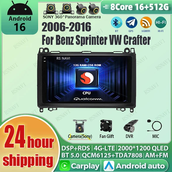 Android 16 For Benz Sprinter Volkswagen Crafter 2006 - 2016 2K QLED Android Car Radio Multimedia Video Player GPS stereo CarPlay