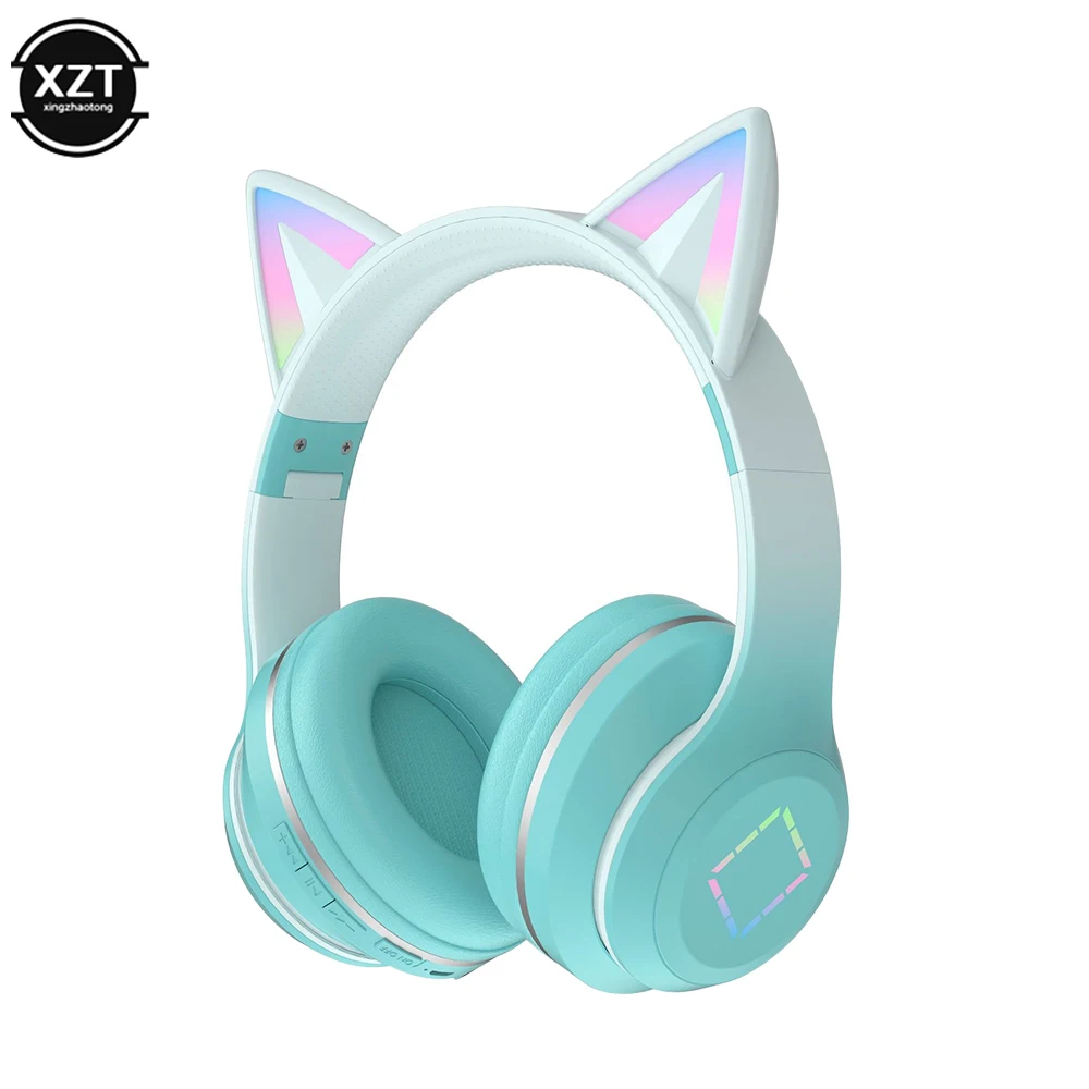 NEWEST LED Flash Light Cute Cat Ears Wireless Headphone with Mic Kid Girl Stereo Music Foldable Helmet Bluetooth Headset Gift