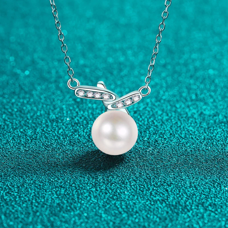 S925 Sterling Silver Moissanite & Pearl Single Round Rolling Bead Pendant Necklace  Elegant Stylish