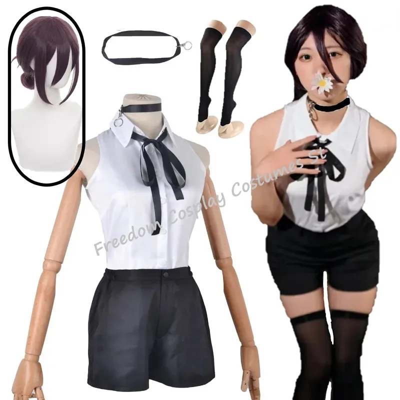 Reze-Disfraz de motosierra para Cosplay, ropa, camisa, corbata, peluca corta, anillo para el cuello, uniforme de Anime para mujer, Carnaval de Halloween, FS; 5'B