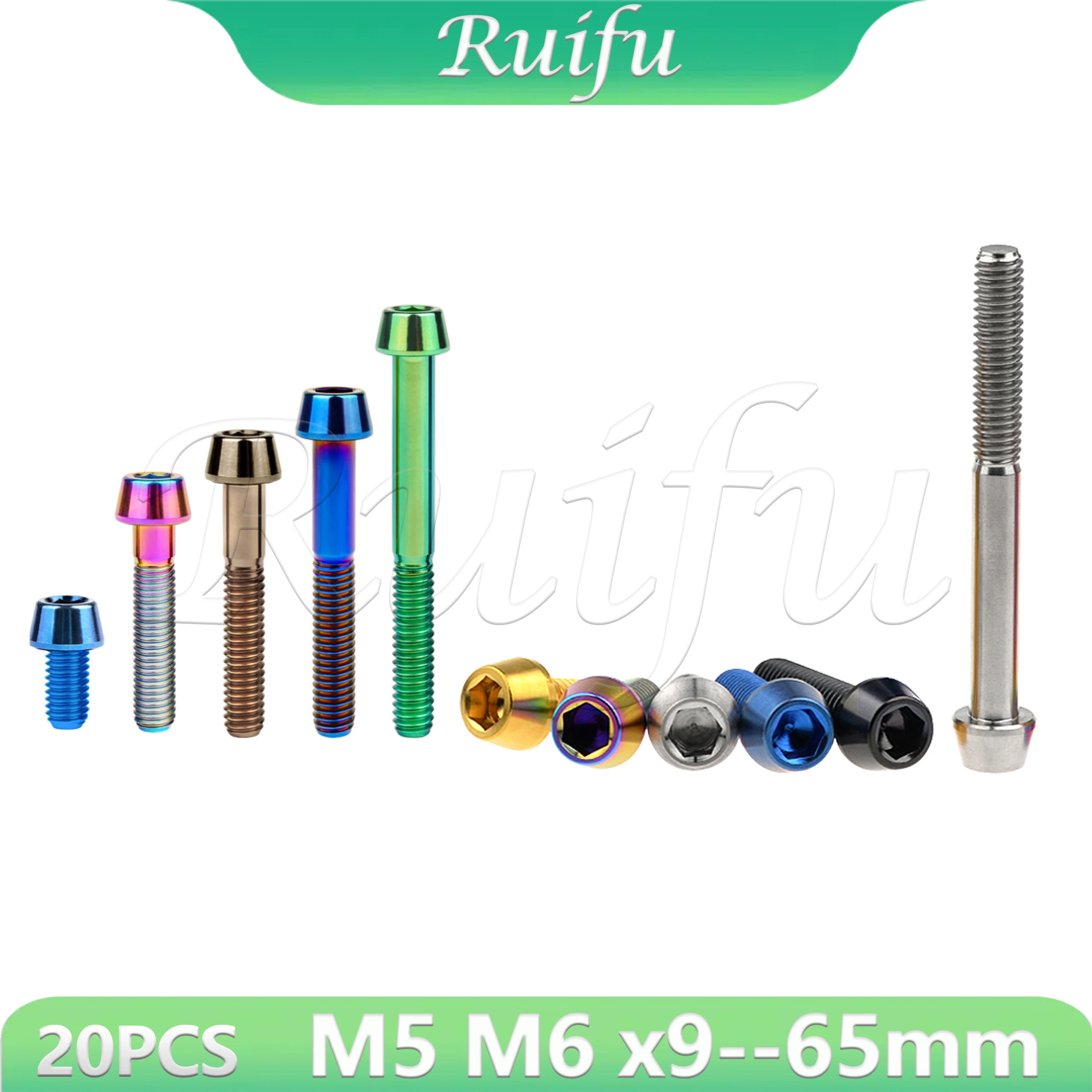 

Ruifu Titanium Bolt 20PCS M5 M6x9--65mm Allen Key Taper Head Screw for Bicycle Headset Brake Bicicleta Bolts