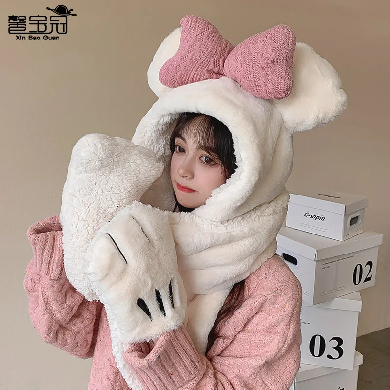 

2023 Winter New Bowknot Plush One Piece Hat Warm Three Piece Set Hat Children's Korean Fashion Pullover Hat