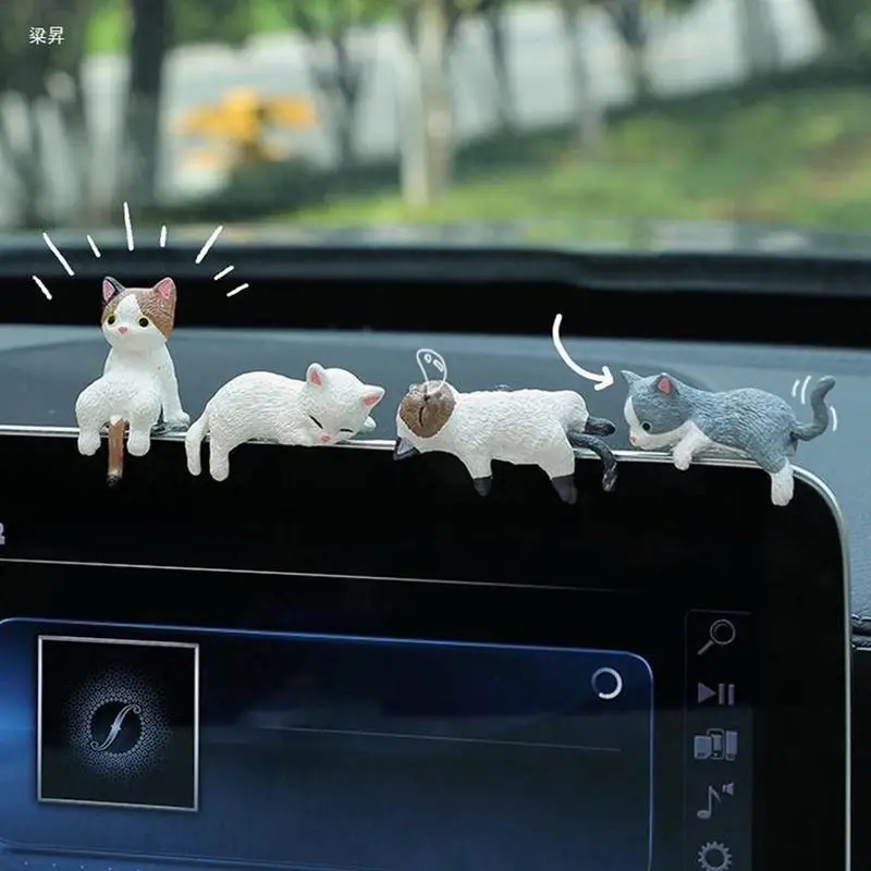 Miniature Cats 4X Cute Small Sleep Cat Figure Car Ornaments Collectible Figurines Rear View Mirrors Ornaments Central Control