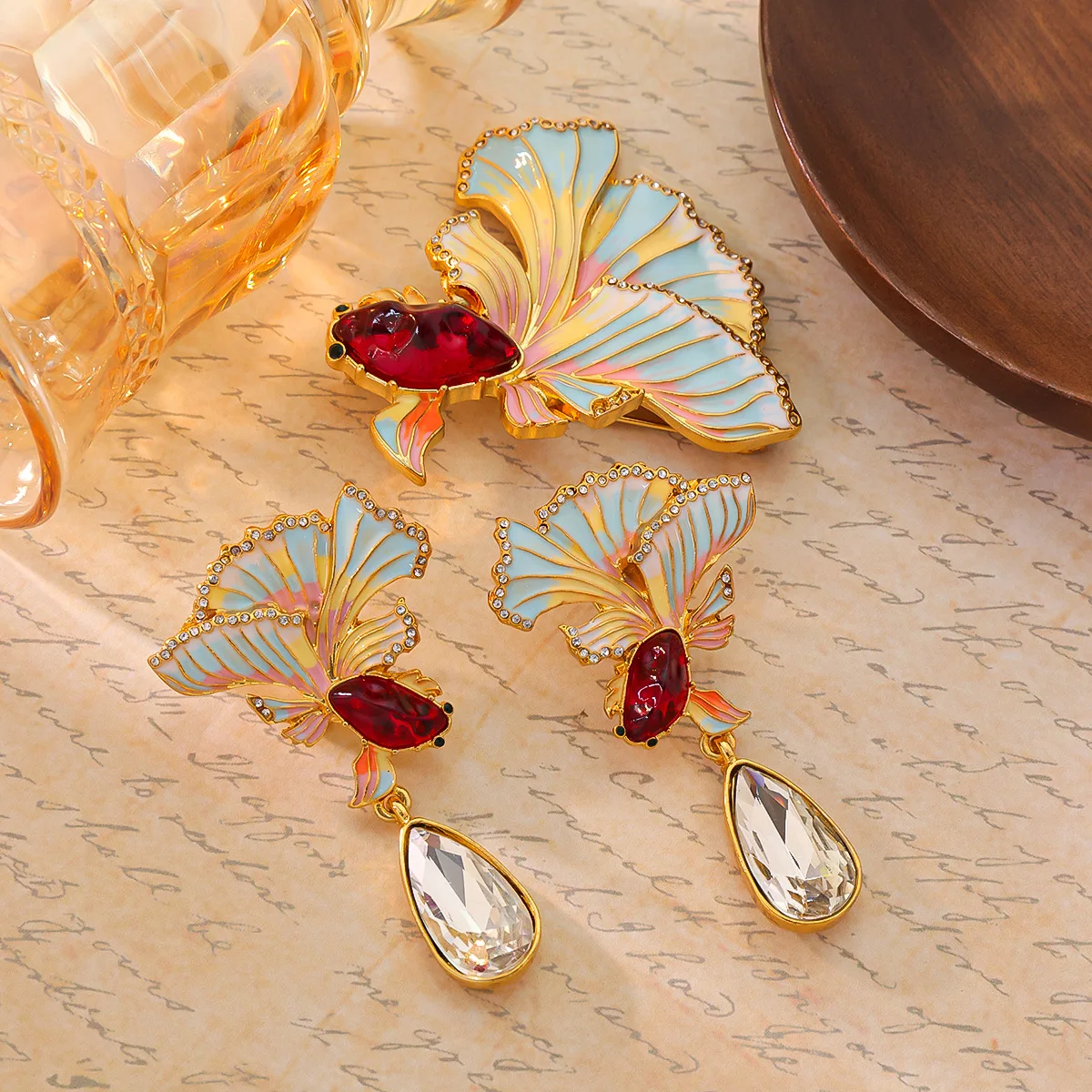 

Vintage Colorful Enamel Boutique Goldfish Brooch Earrings Jewelry Set