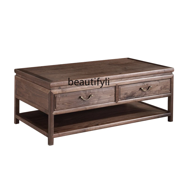 New Chinese Style Tea Table North America Black Walnut Rectangular Zen Furniture Solid Wood Tea Table Simple with Drawer