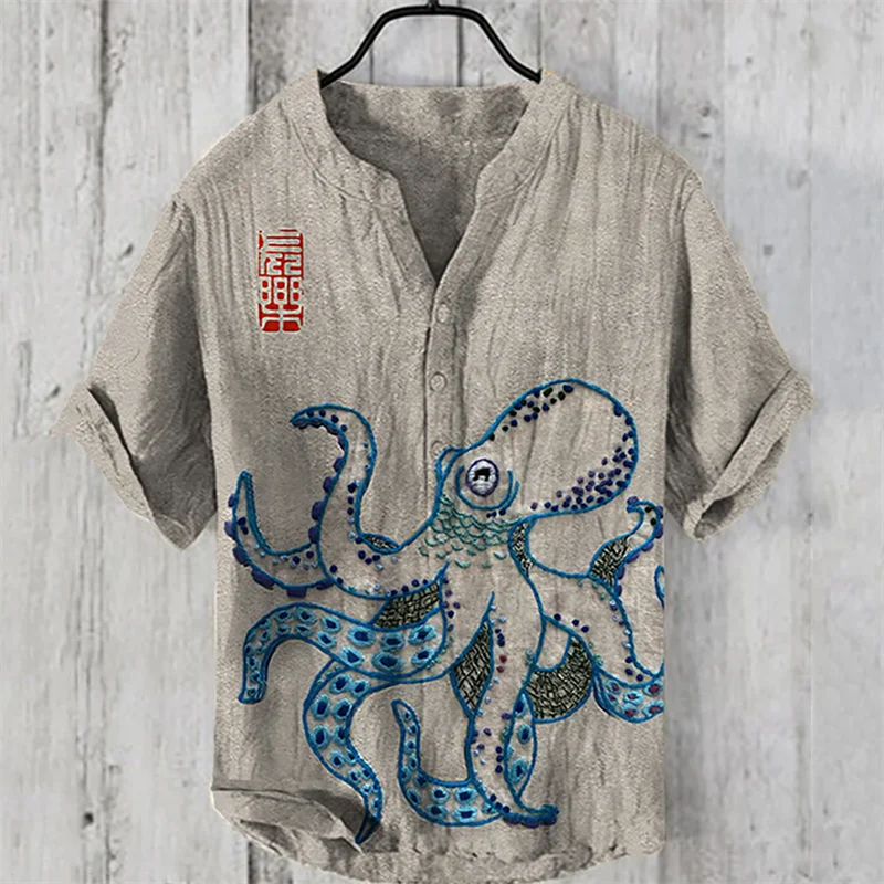 

Retro Octopus Japanese Art Linen Blended Men's Shirt