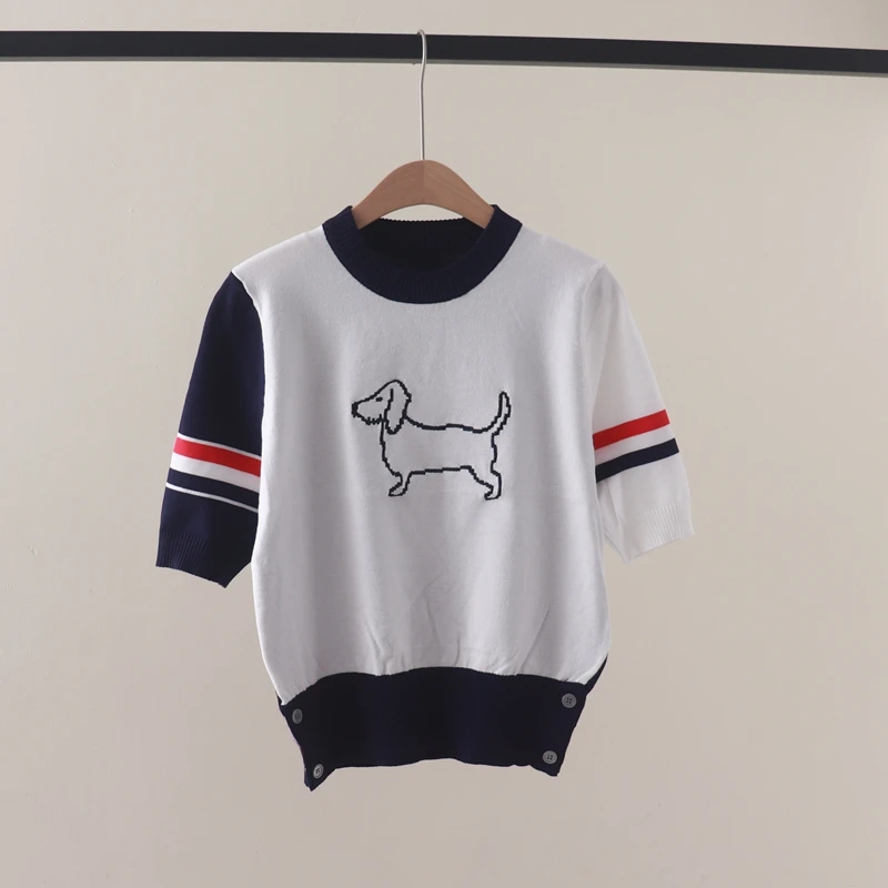 Summer new style college wind color round collars dog Jacquard double-sleeved ribbon head short-sleeved knitted T-shirt shirt