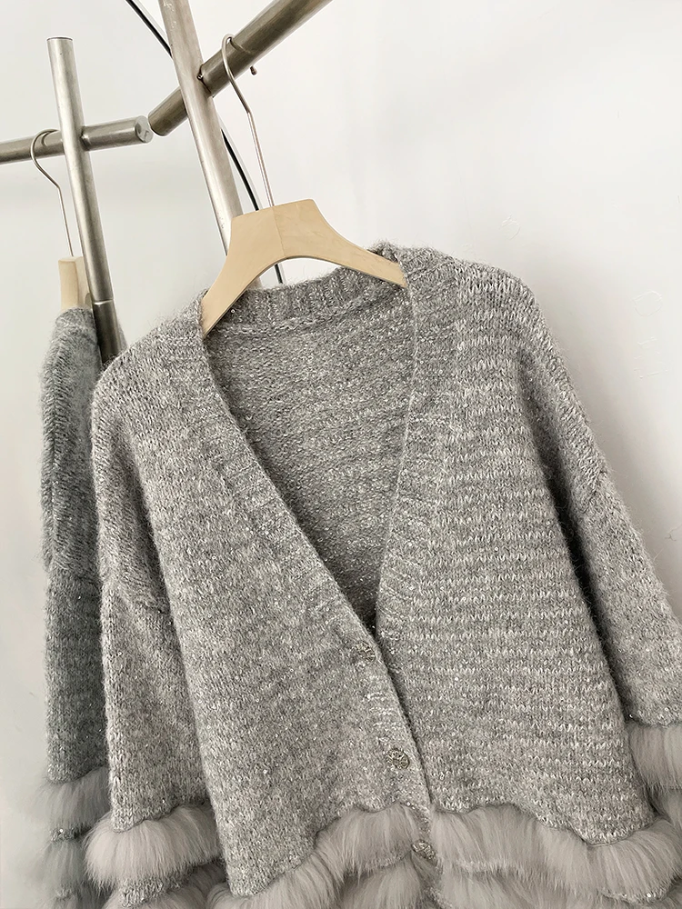 2025 femmes ample surdimensionné tricots manteau réel fourrure de renard bouton Cardigan Swrater veste femme nouveau printemps automne tricoté vêtements