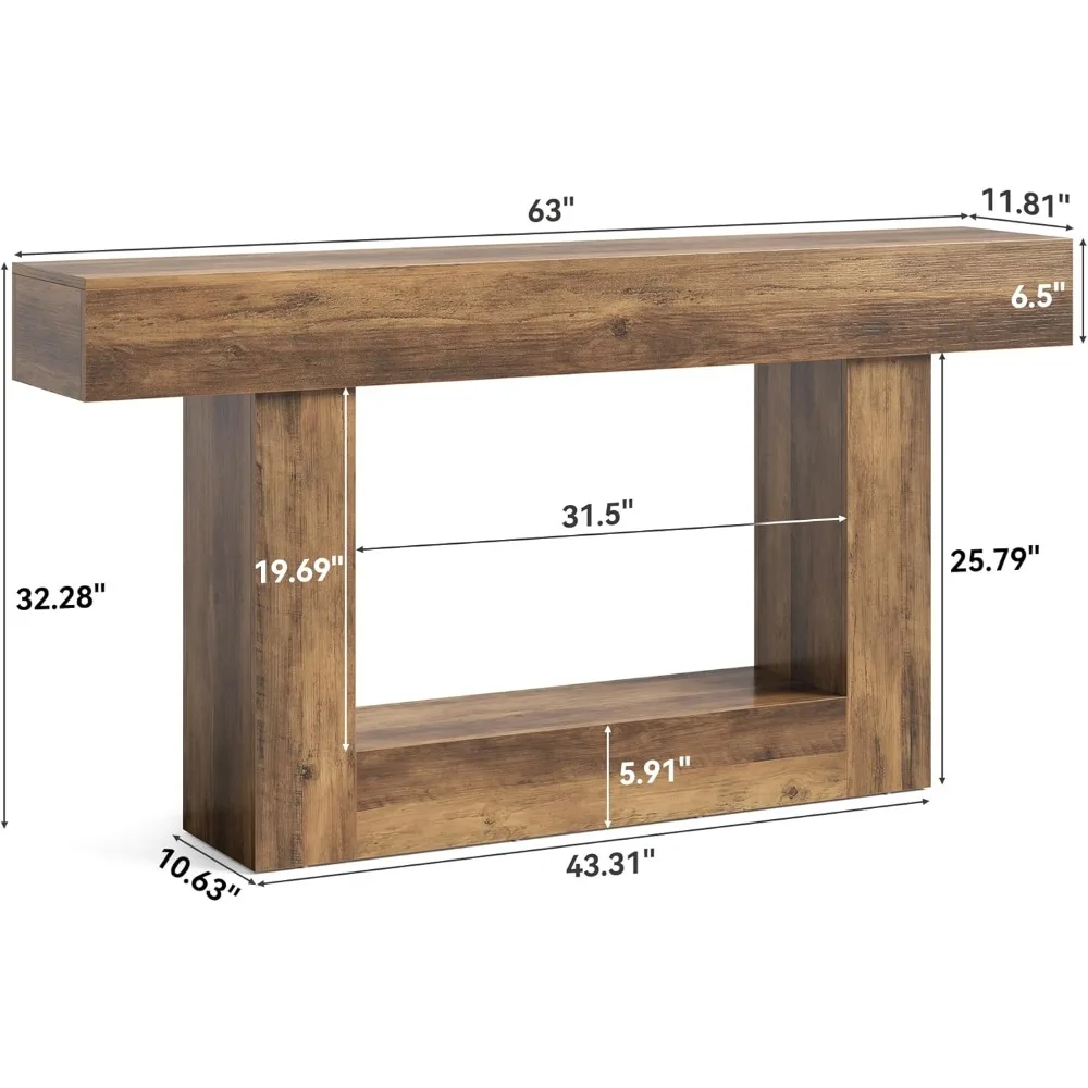 LITTLE TREE 63 Inches Long Console Table, 2-Tier Farmhouse Sofa Table Behind Couch, Large Narrow Entryway Table for Living Room,