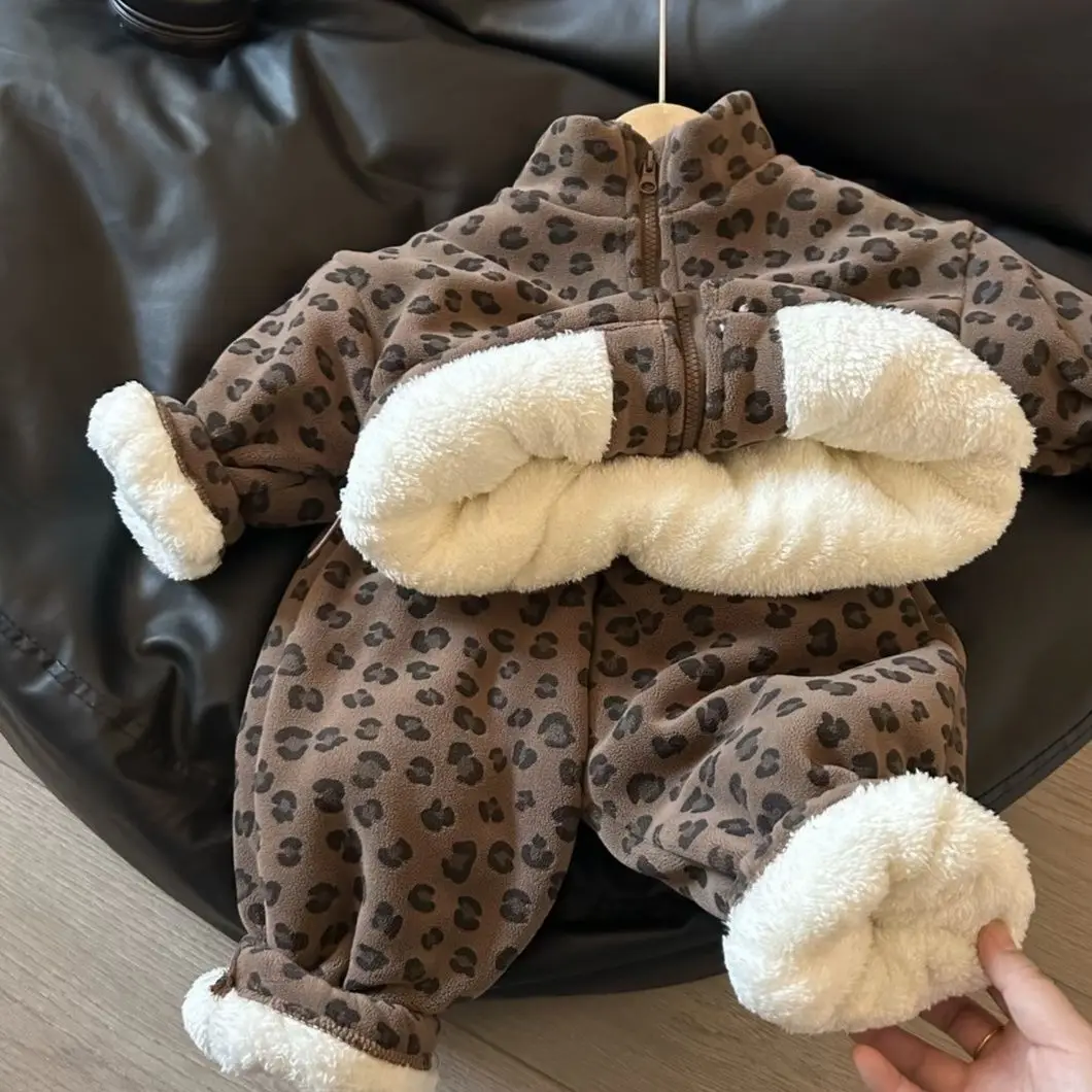 Children Cotton Clothes Winter Thick Boys Girls Jacket Plus Velvet Leopard print Coat+Pants 2Pcs Suits Warm Kids Snow coat