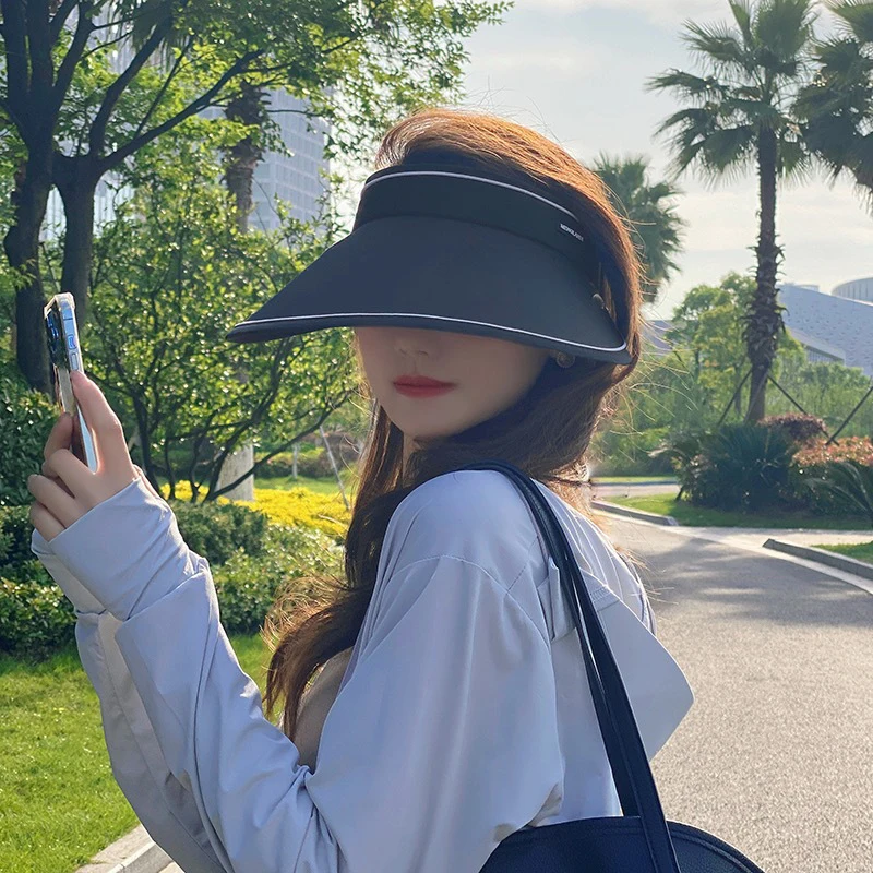 1 Pc Women Roll Up Sun Visor Wide Brim Hat Summer Foldable Packable UV Protection Empty Top Ponytail Cap For Beach Travel Bonnet