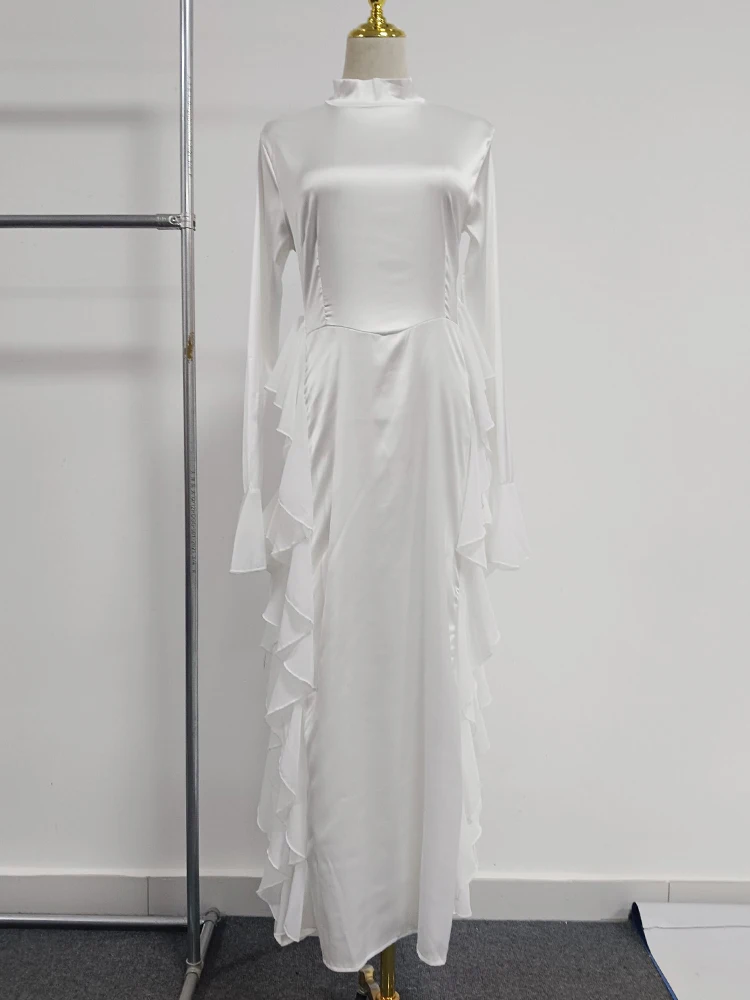 TWOTWINSTYLE Solid Patchwork Folds Elegant Dresses For Women Stand Collar Long Sleeve High Waist Minimalist Dress Female New