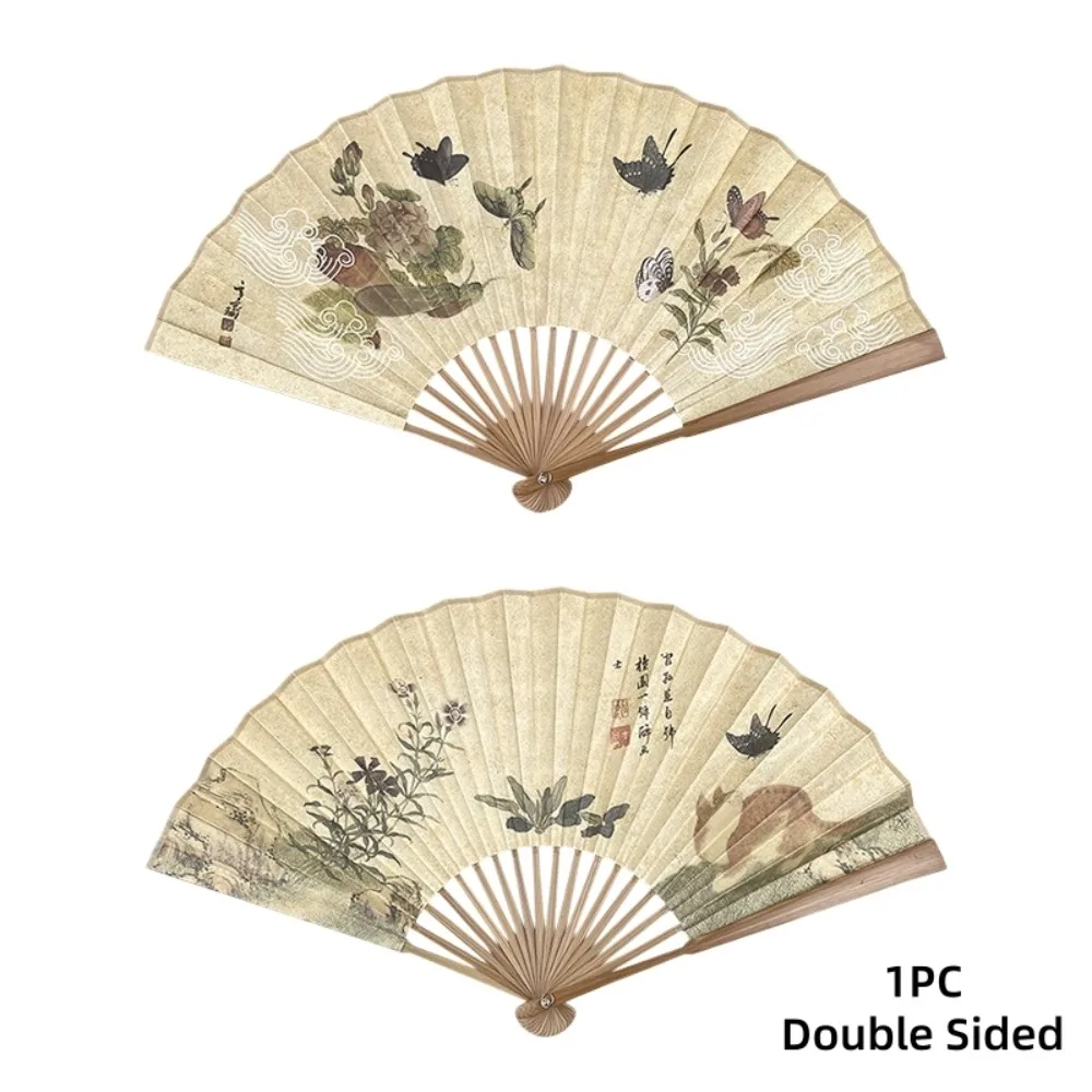 Silk Cloth Folding Hand Fan Double Sided Bamboo Frame Retro Handheld Fan Butterfly Cat Shell-Shaped Chinese-Style Shell Fan
