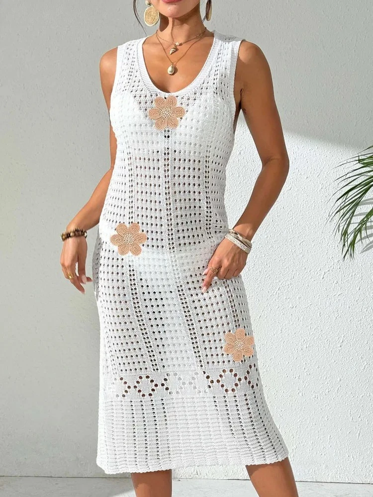 Sexy Women Solid Sleeveless Bikini Cove Up Hollow Lady Long Beach Dress Female Brazilian Swimsuit Cover-Ups