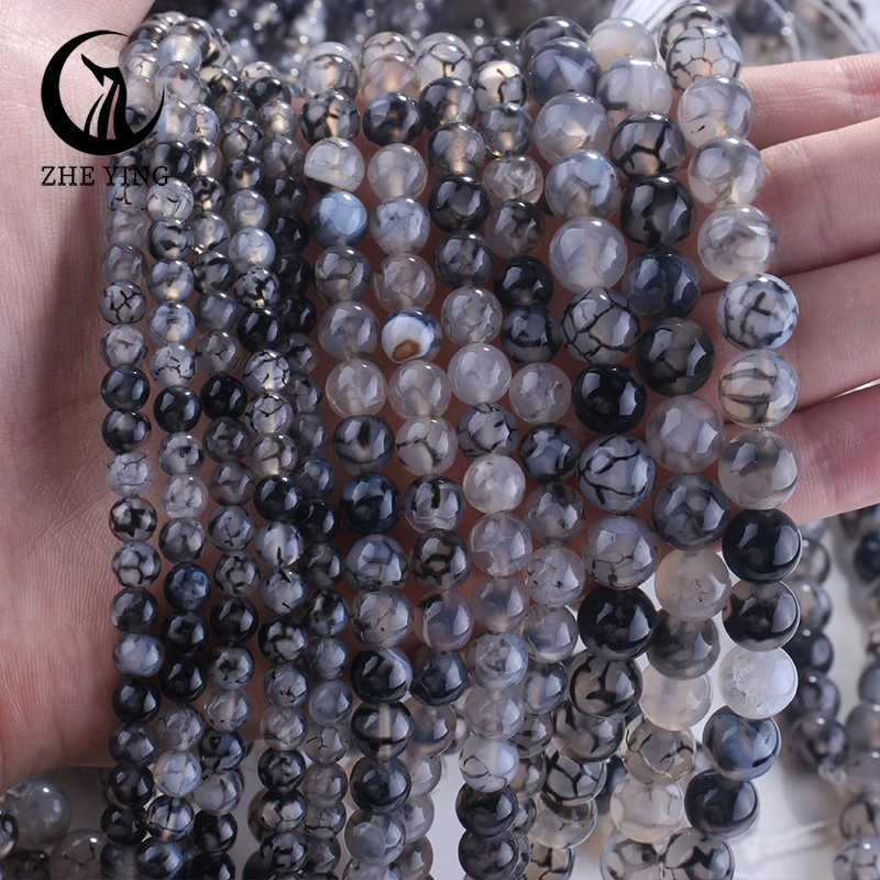 Zhe Ying Black Dragon Vein Agate Natural Stone Beads Smooth Round Gemstone Beads for DIY Jewelry Making Bracelet Necklace