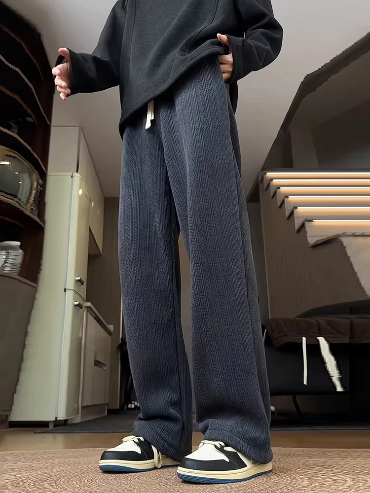 

Мужские повседневные брюки в американском ретро-стиле с узором «пшеничный колос», утепленные флисом, свободного прямого кроя, осенне-зимние, свободные, струящиеся