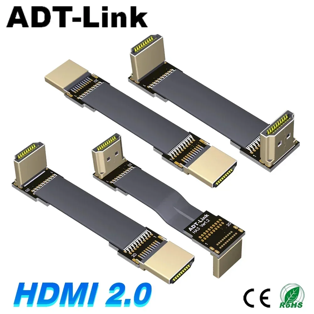 ADT Elbow HDMI-Compatible 2.0 Type A Male To Male Flat Extension Cable Angled 4K 60Hz HD for FPV Aerial Photography Gopro Camera