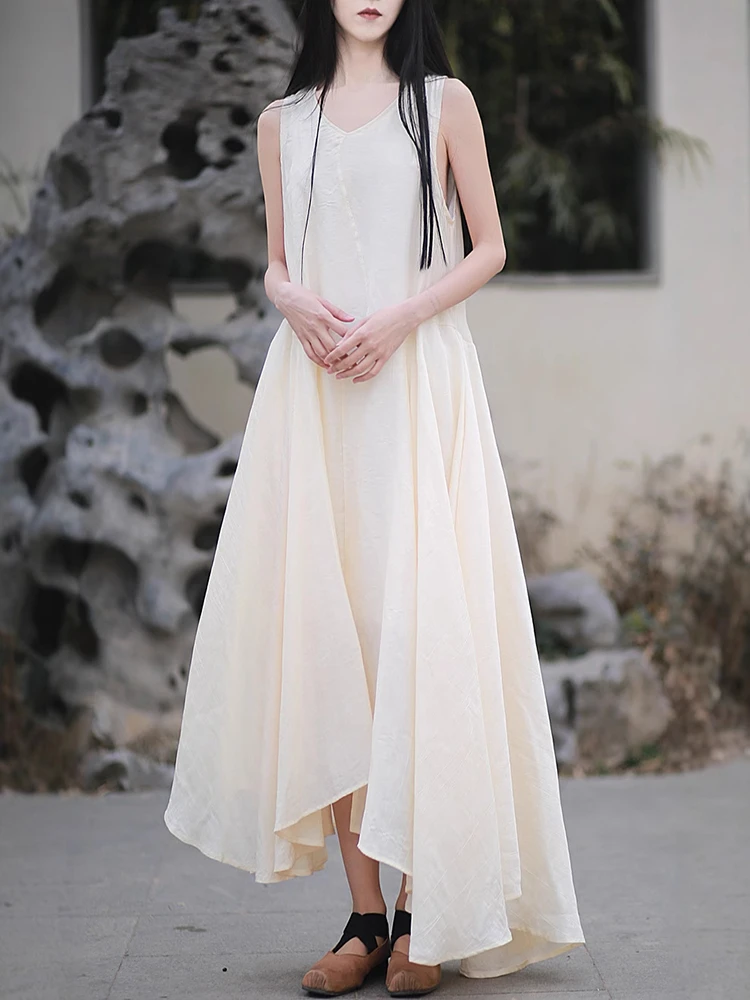 Women Casual A-line Dress New Arrival 2025 Summer Vintage Style V-neck Plain Color Loose Female Holiday Long Dresses