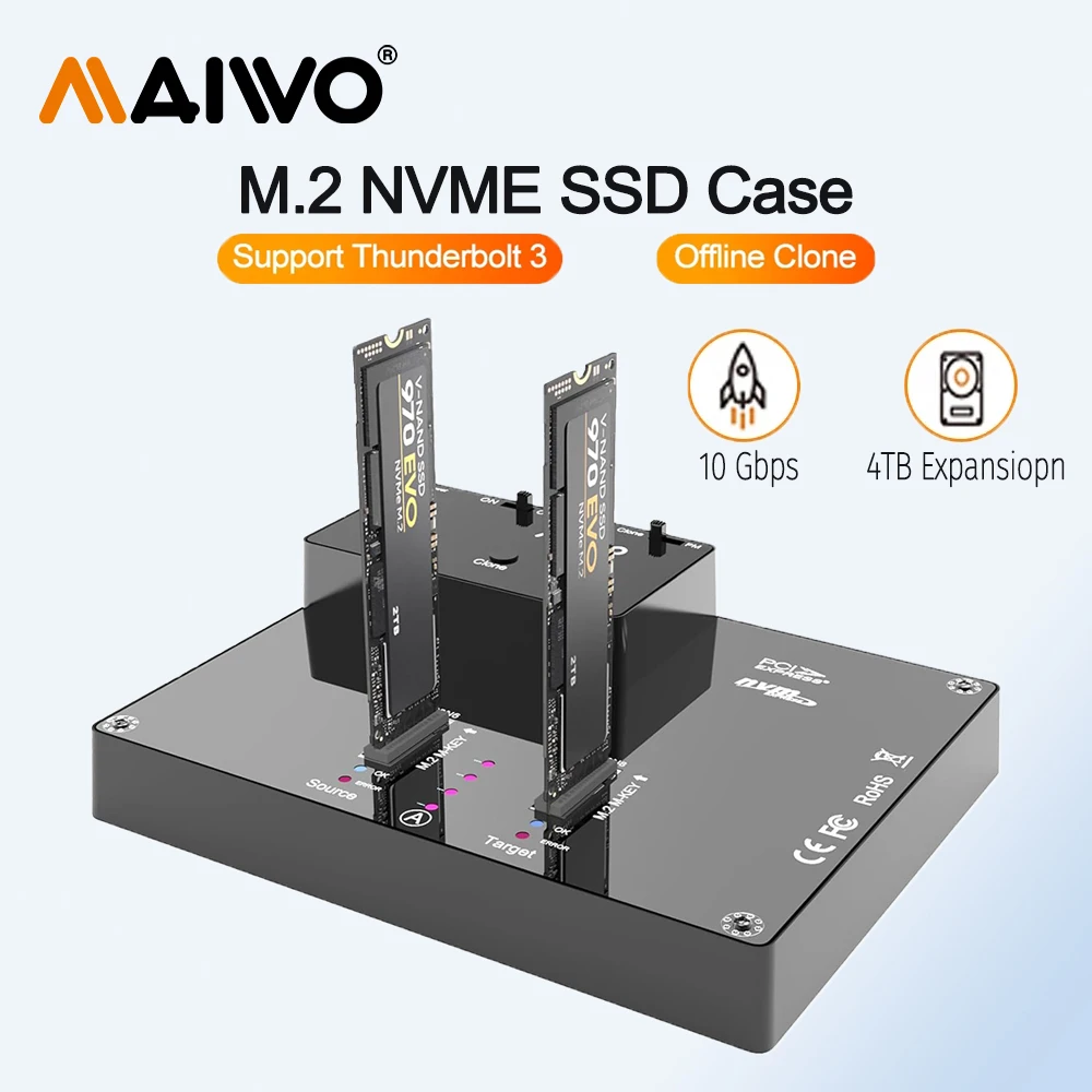 

MAIWO 2 Bay M2 NVMe Docking Station Tool-Free Type-C 10Gbps NVME SSD Enclosure with Offline Clone and Copy Function for PC Case