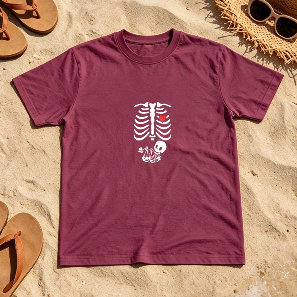 Heart Ribcage Dancing Skeleton T Shirt Women Cute Spooky Humor Print Tee Halloween Aesthetic Top Comfy Daily Wear