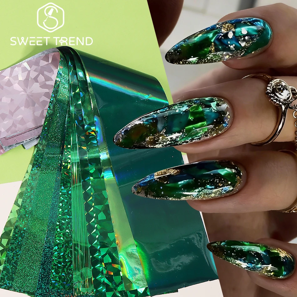 1 Pack Green Series Nail Art Transfer Foils Film Chrome Mirror Effect Nail Foil Starry Sky Paper Nail Decals DIY Manicure Charms