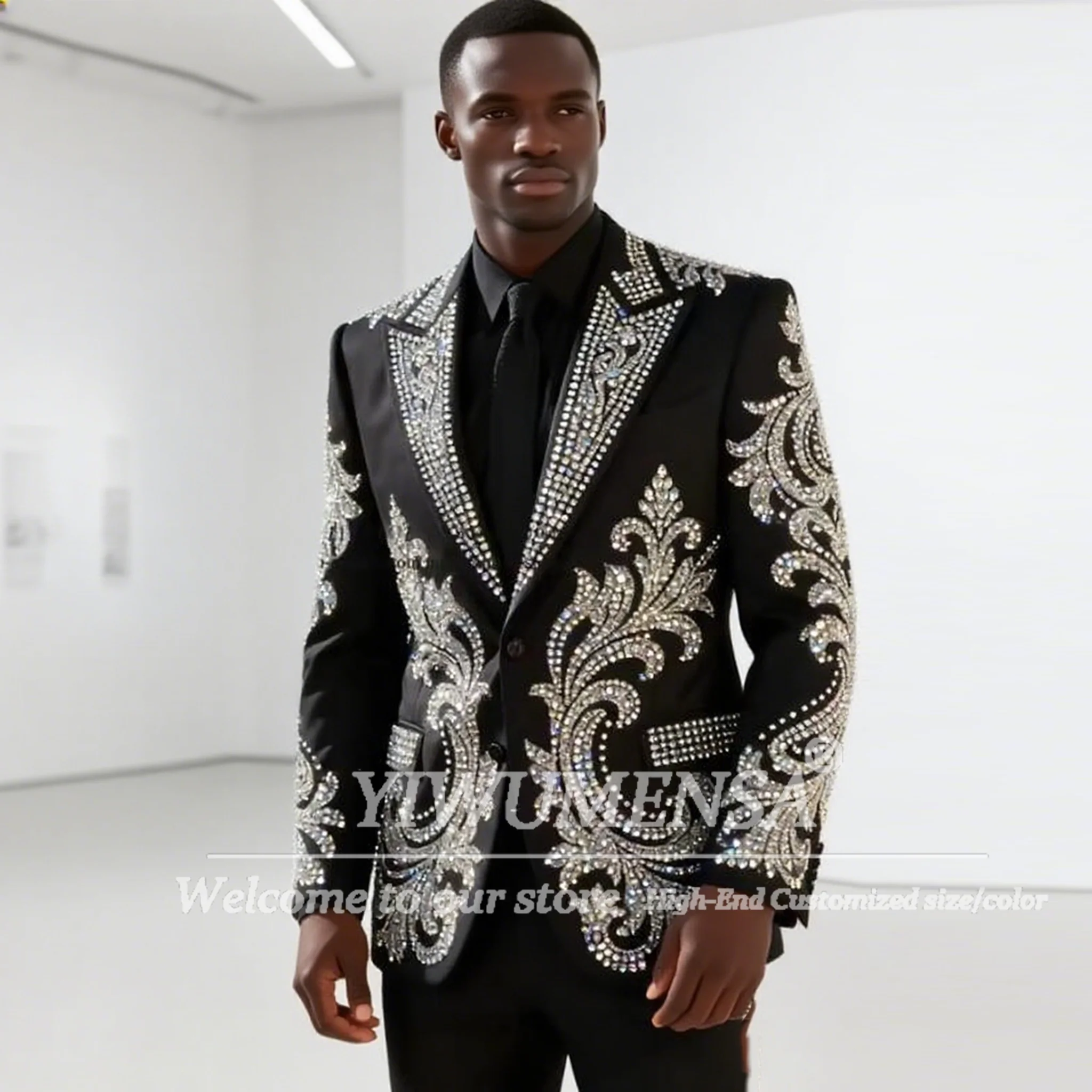 

Metallic Jewelry Stones Ornament Suits Men For Wedding Single Breasted Prom Blazers Customized 2 Piece Set Groom Tuxedos Outfit
