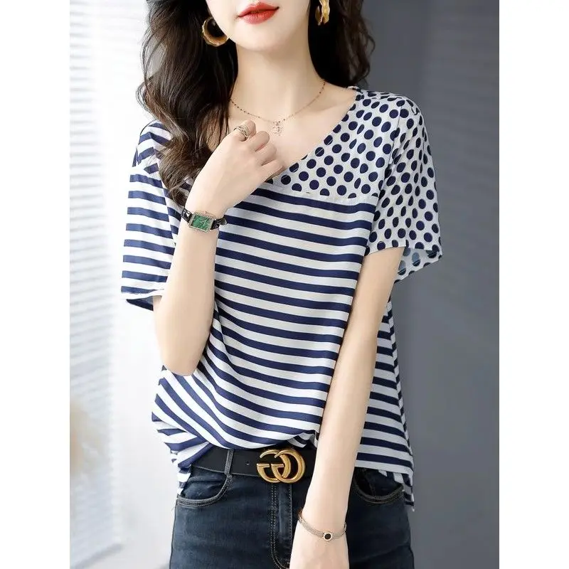 Short-sleeved T-shirt Women Summer New Tops Fashionable Elegant Fresh Age-reducing Spliced striped Print V-neck Chiffon Shirt