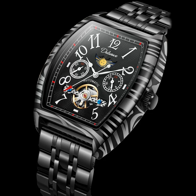 Moon Phase Tourbillon Mechanical Watch for Men Fashion Carbon Fiber Pattern Design Black Steel Waterproof Automatic Watch Reloj