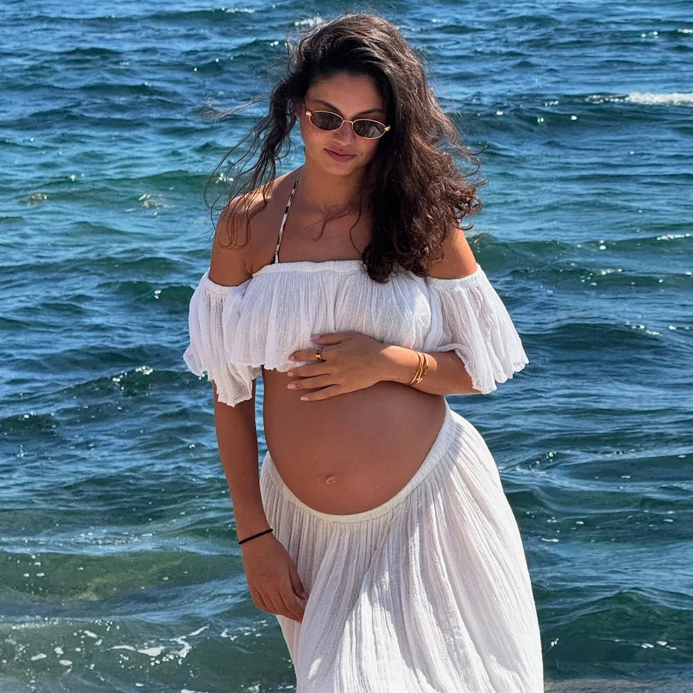 Off Shoulder White Ppure Cotton Maternity Photoshoot Dress Comfortable Cotton Fabric Pregnancy Gown Outdoor Maternity Outfit view 2