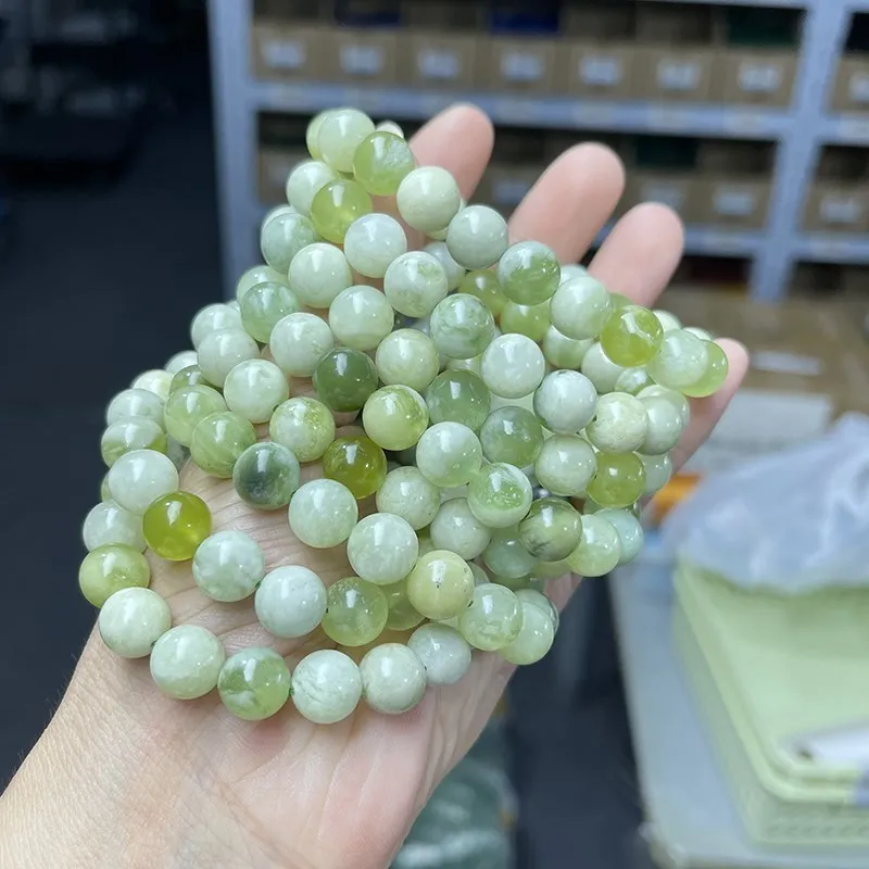 JD Natural Light Green White Jade Chinese Xiuyu Round Bead Bracelets Women Reiki Healing Health Care Energy Strand Bangles Gift