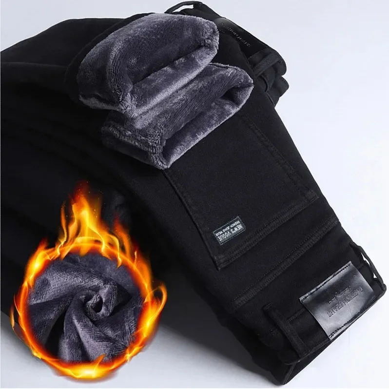 New Winter Men Black Straight Stretch Denim Thick Velvet Pants Warm Jeans Casual Fleece Line Trousers Male Plus Size