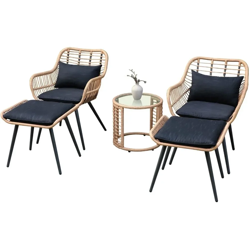 

5-piece outdoor wicker furniture set, all-weather, with 2 footstools and coffee table, terrace rattan set