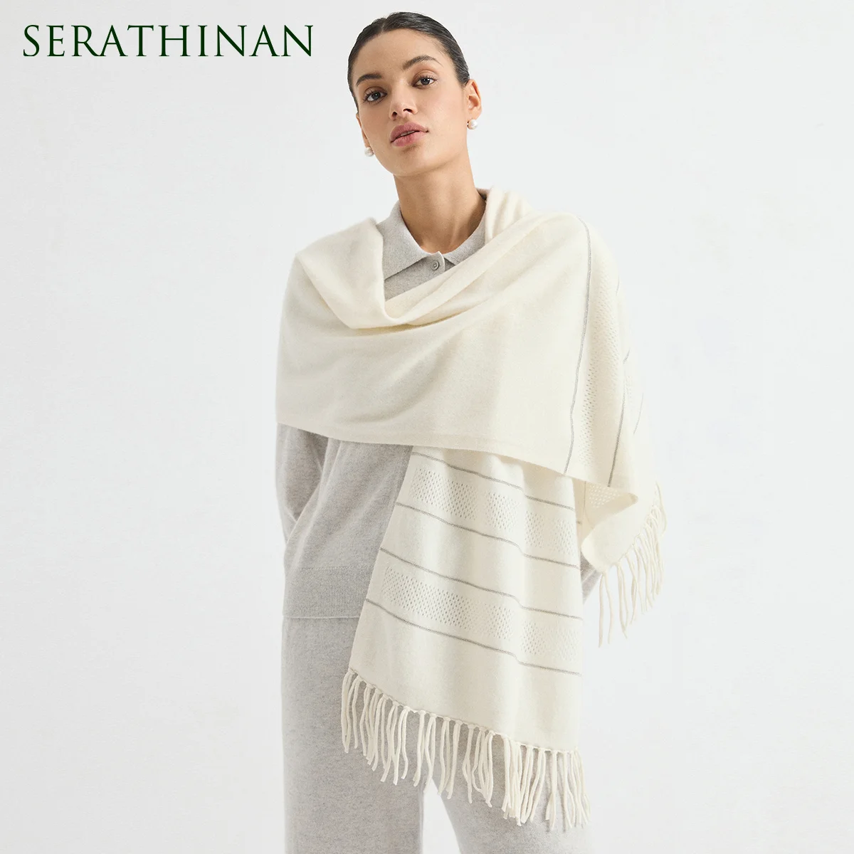 BD3621909 Women's 100% Cashmere Scarf Wrap Pointelle Knit Eyelet Stripe Fringe Oversized Timeless Old Money Early Autumn Winter