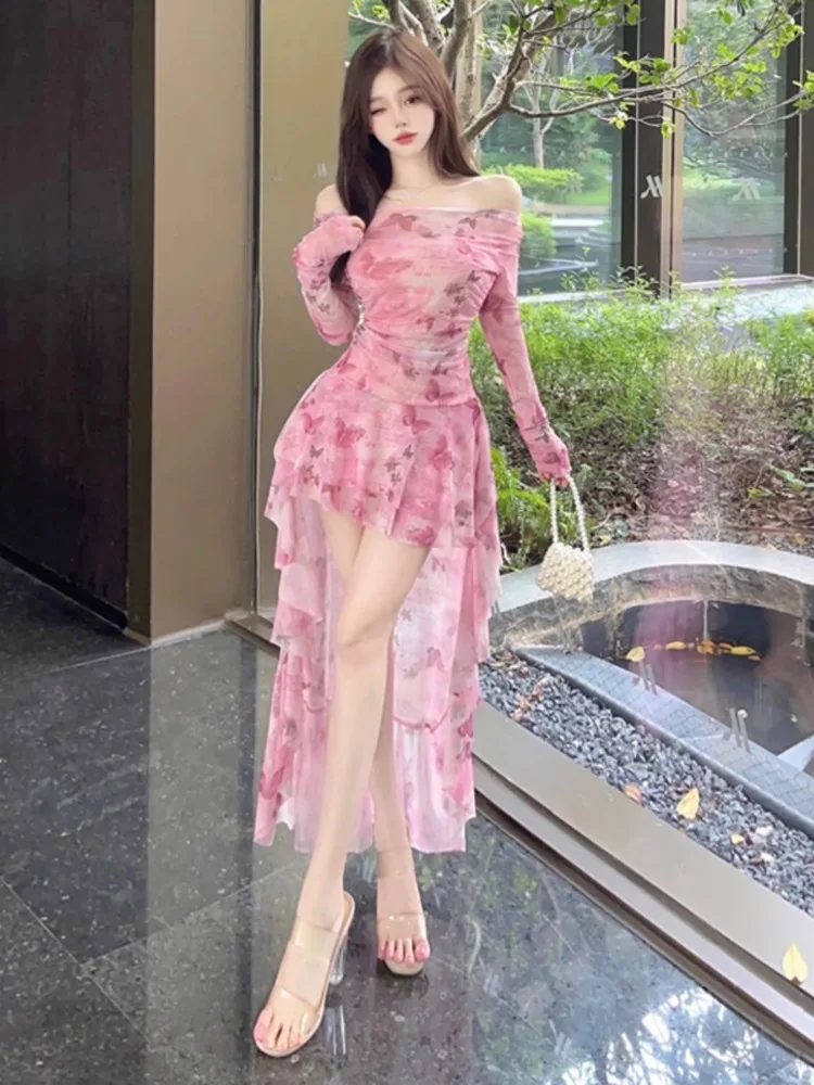 Ezgaga Party Dresses Women Slash Neck Floral Printed Irregular Slim Ruffles Off Shoulder Party Dress Sexy Ladies Elegant