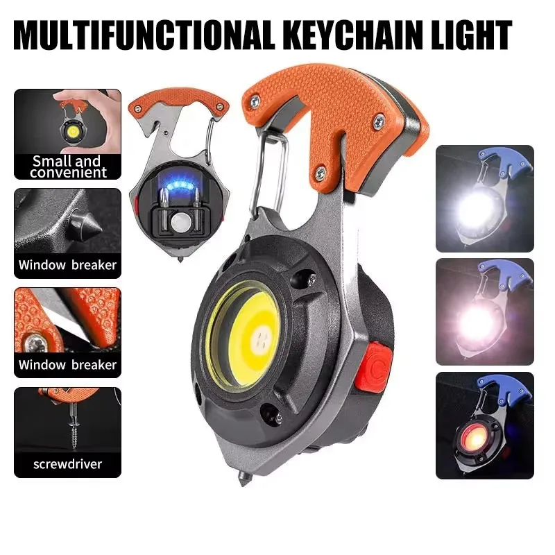 

Mini Keychain Light Rechargeable Super Bright Flashlight Safety Cutter Window Breaker Hammer Emergency Work Lamp Outdoor Torch