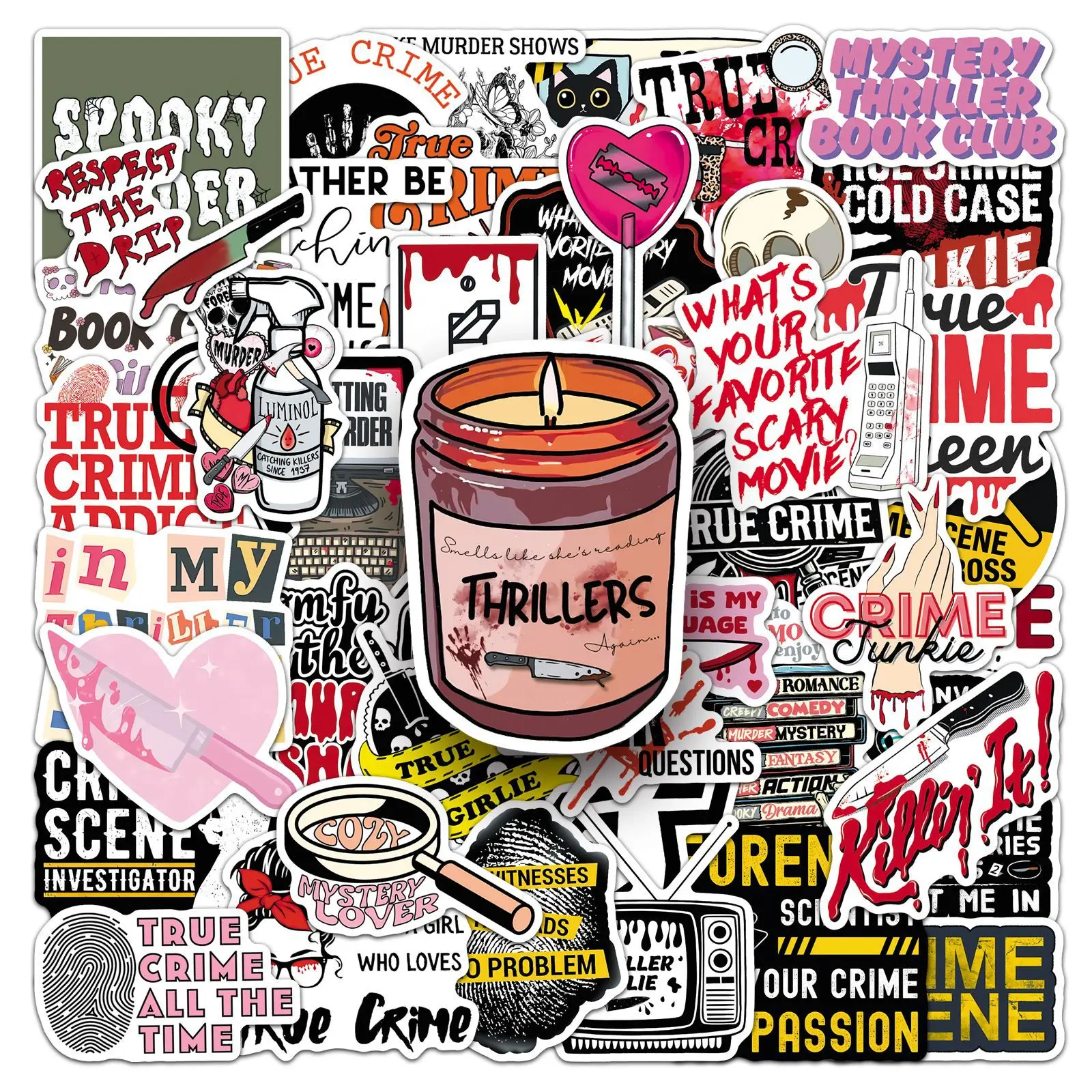 

50-100PCS Thriller True Crime Fan Stickers, English Detective Mystery Creative Waterproof Decals for DIY Luggage De