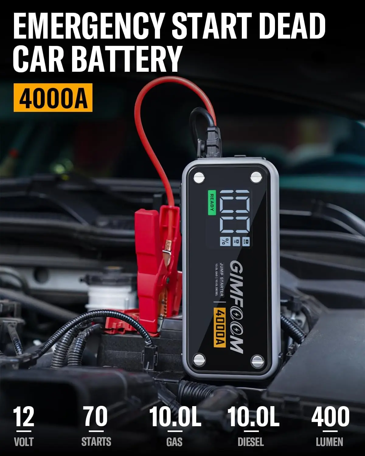 Jump Starter, 4000A Car Battery Jump Starter with Wall Charger (10L Gas & 10L Diesel Engines), 12V Jump Starter Battery Pack