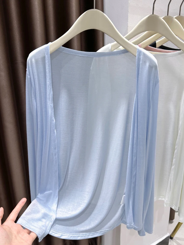 

Blue Long Sve Open Cardigan Women's Summer Lyocell Thin awl Strap Outer Covering Mask Top Soft Korean Sle Loose Fit