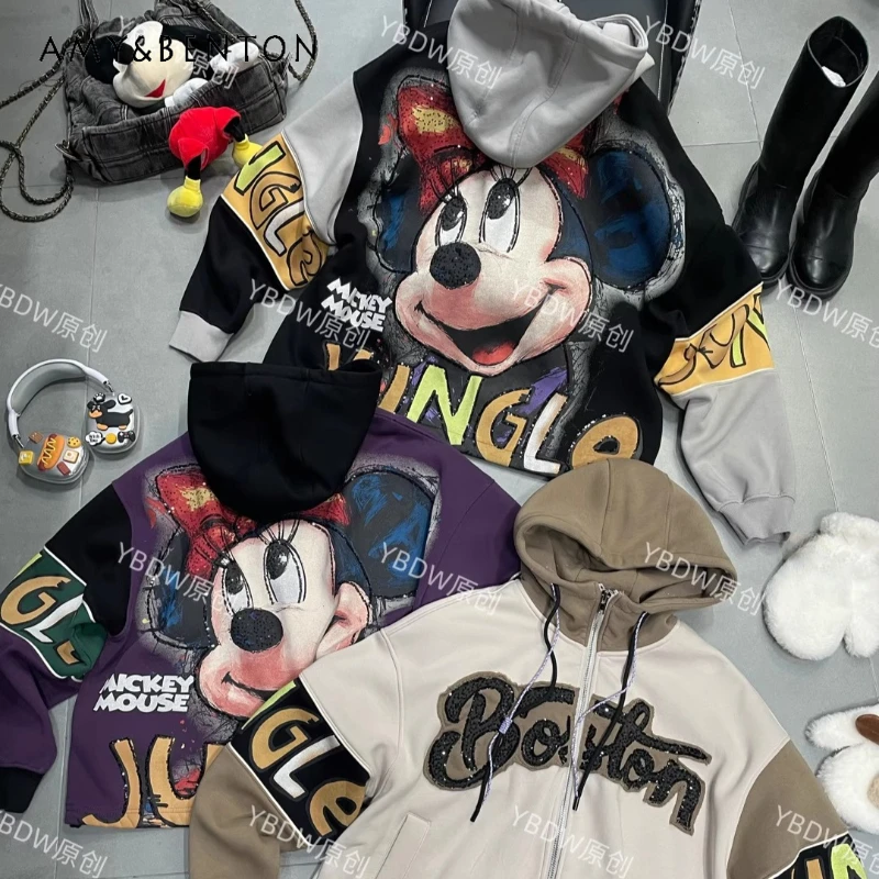 

2025 Autumn Winter New Heavy Industry Patchwork Cartoon Hooded Fleece Jacket Loose Casual Versatile Y2k Zipper Sweatshirt Coat
