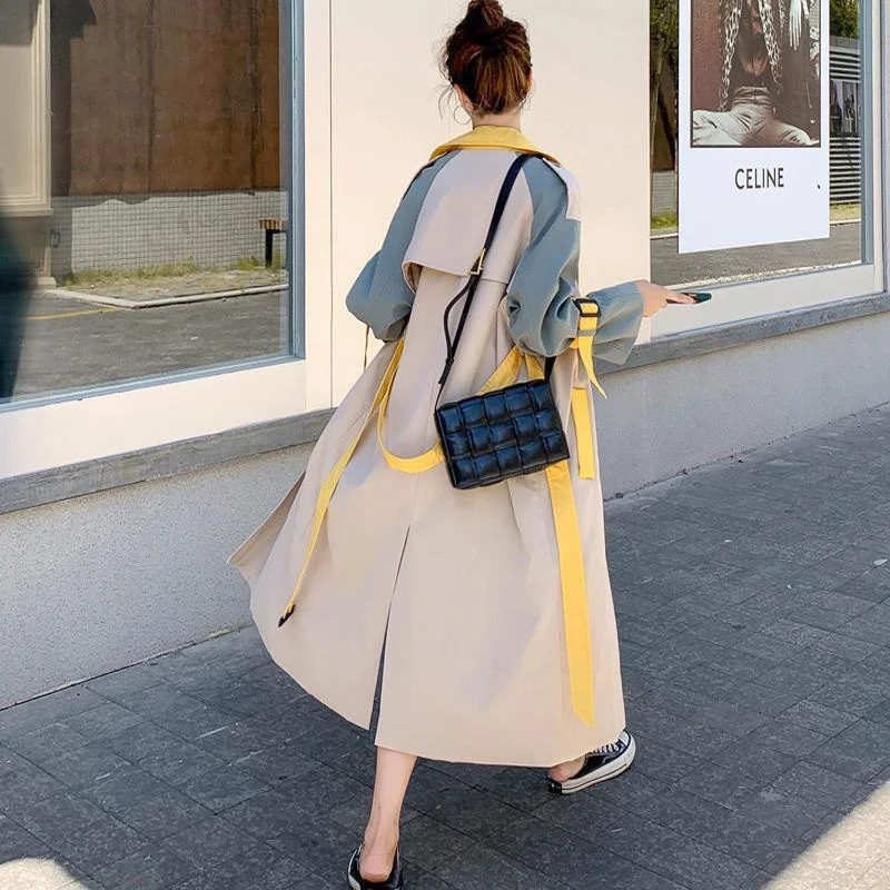Color Blocking Long Windbreaker Jacket For Women 2025 New Spring Autumn Korean Style Loose Versatile Overcoat Female Trench Coat