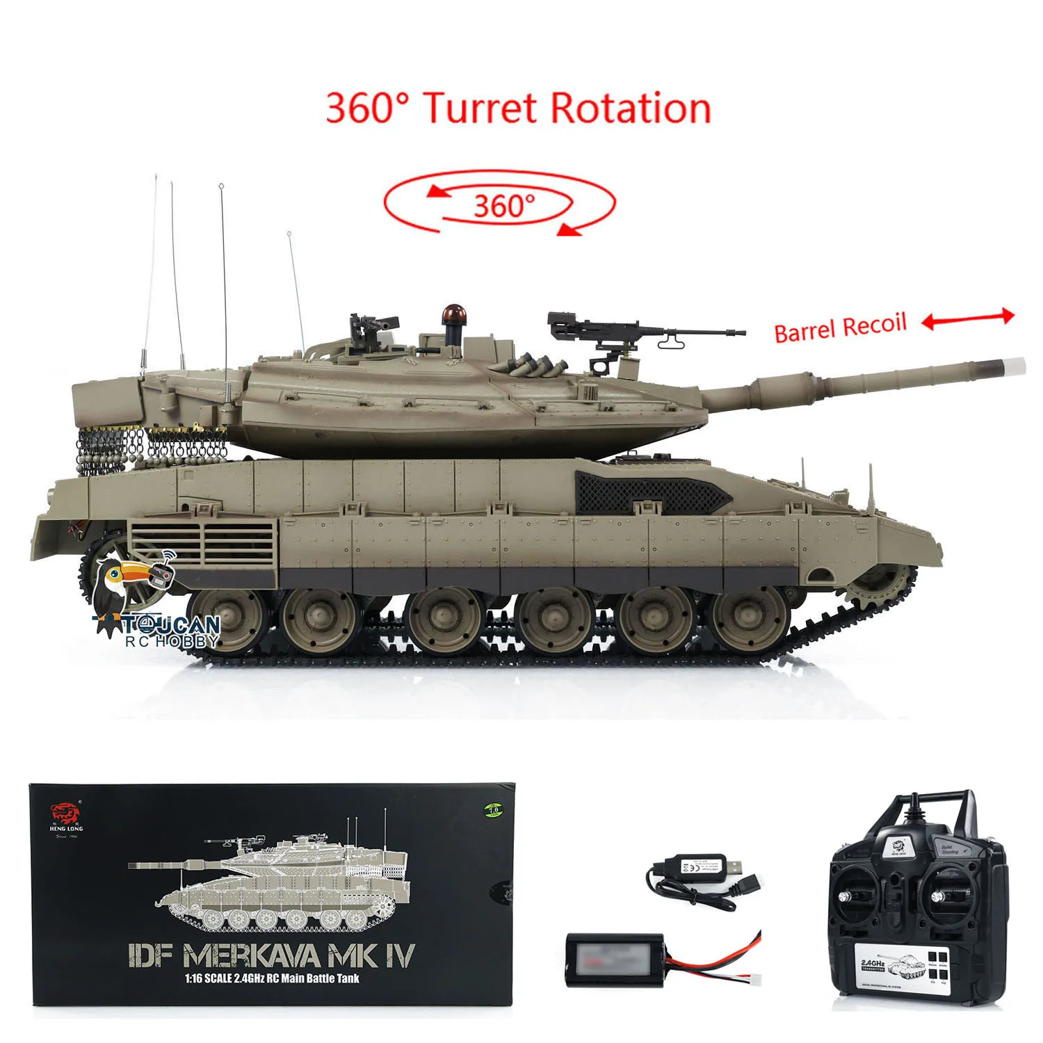 Heng Long RC Battle Tank 1/16 IDF Merkava MK IV 3958 TK7.0 Turret 360° Rotating Toucan Plastic Vehicle Model Toys for Boys