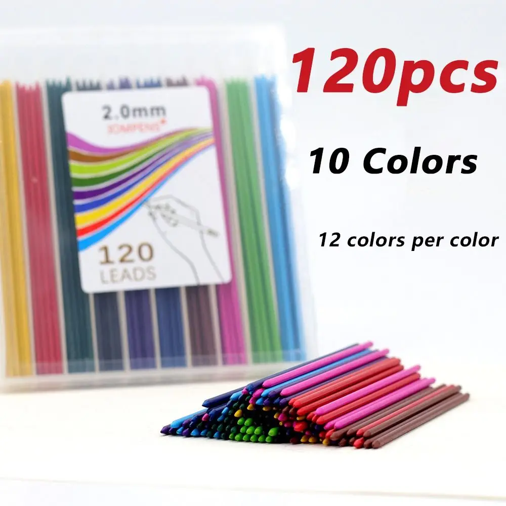 120 peças 2.0mm recarga de lápis de chumbo 10 cores lápis mecânico de grande capacidade chumbo arte esboço desenho suprimentos