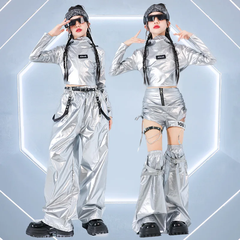 Girls K-pop Silver Crop Hoodies Shiny Cargo Pants Street Dance Shorts Kids Hip Hop Streetwear Children Jazz Hi Tech Clothes Sets