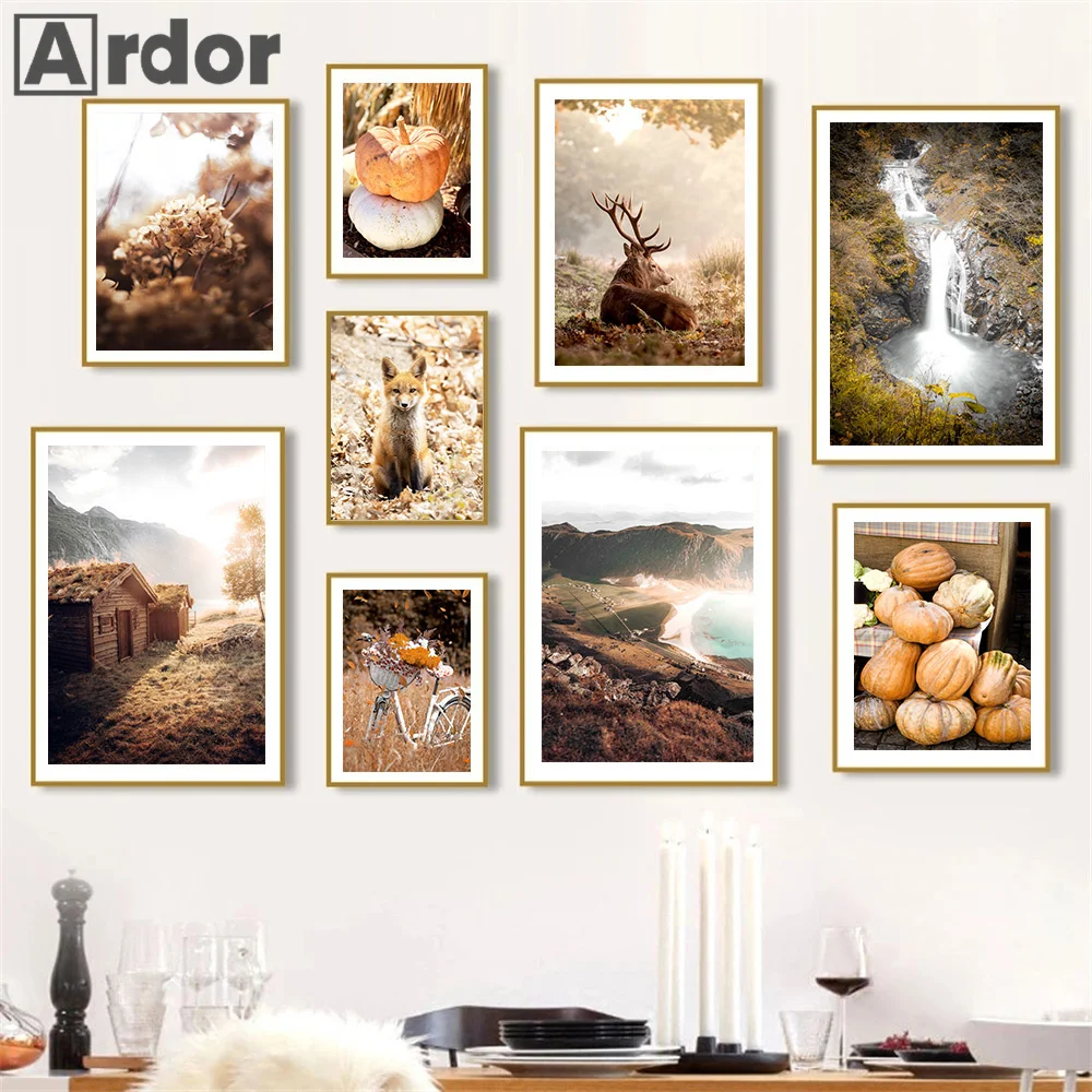 Autumn Forest Deer Fox Poster Pumpkin Lake Reflection Car Wall Art Print Canvas Painting Nordic Pictures Living Room Home Decor