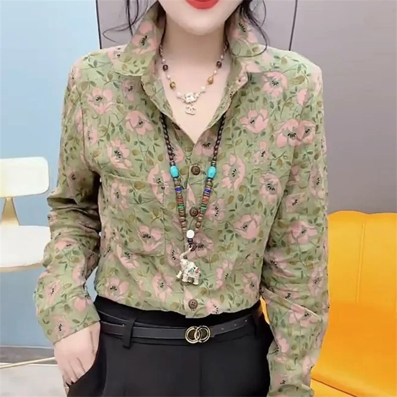 Women Stylish Vintage Floral Print Button Up Shirt Casual Lapel Pocket Cotton Linen Blouse Spring Autumn Long Sleeve Loose Tops